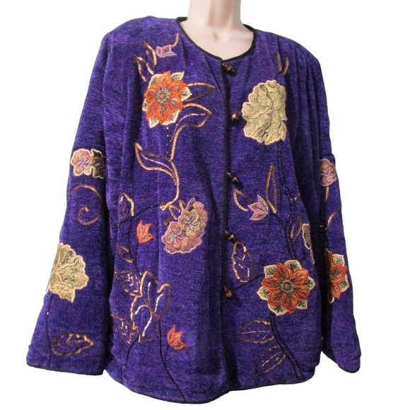 Purple Chenille Glass Applique Embroidered Beaded Sequin Wearable Art Jacket L - Picture 1 of 16